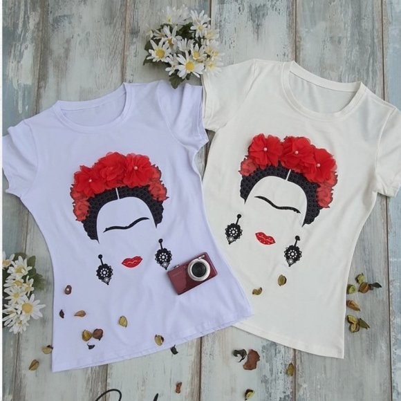 FRIDA Rhinestone XL, Bling Tee, Exclusive. Handmade. WHITE - Picture 3 of 8